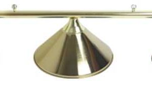 3 SHADE OVERHEAD TABLE LIGHT - BRASS RAILS WITH BRASS SHADES - 55"