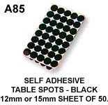 TABLE SPOTS - BLACK SELF ADHESIVE -12mm or 15mm (sheets of 50)